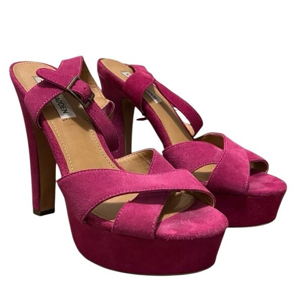 Vintage Y2k STEVE MADDEN Bright Pink Suede Leather 6” Platform Ankle Heel 9.5 - Picture 7 of 15